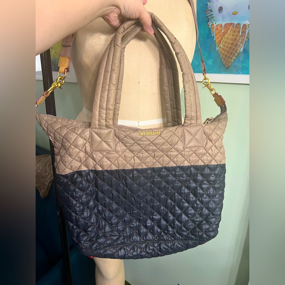 MZ Wallace Quilted Tote in Tan and black
